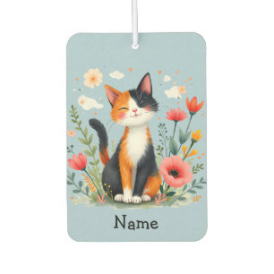Smiling Calico Cat in Blooming Garden Car Air Freshener