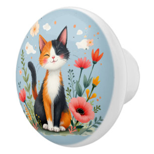 Smiling Calico Cat in Blooming Garden Ceramic Knob
