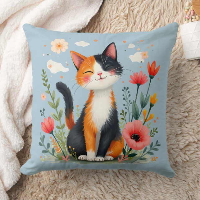 Smiling Calico Cat in Blooming Garden Cushion (Blanket)