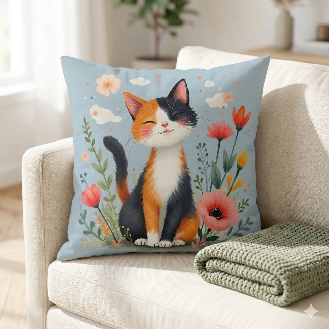 Smiling Calico Cat in Blooming Garden Cushion (Smiling Calico Cat in Blooming Garden Throw Pillow Mockup A)