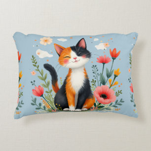 Smiling Calico Cat in Blooming Garden Decorative Cushion