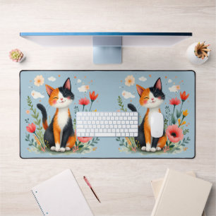 Smiling Calico Cat in Blooming Garden Desk Mat