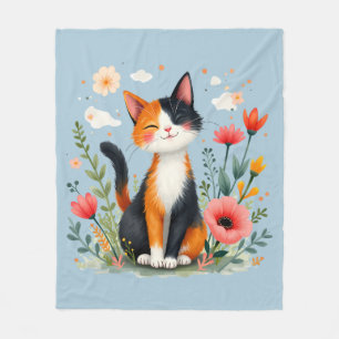 Smiling Calico Cat in Blooming Garden Fleece Blanket