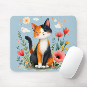 Smiling Calico Cat in Blooming Garden Mouse Mat