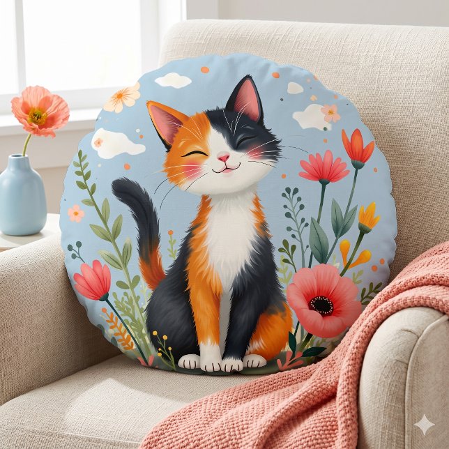 Smiling Calico Cat in Blooming Garden Round Cushion (Smiling Calico Cat in Blooming Garden Round Pillow)