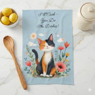 Smiling Calico Cat in Blooming Garden Tea Towel
