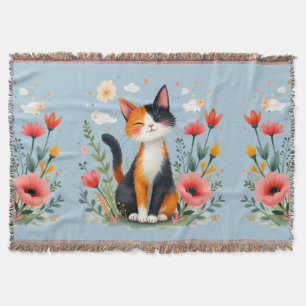 Smiling Calico Cat in Blooming Garden Throw Blanket