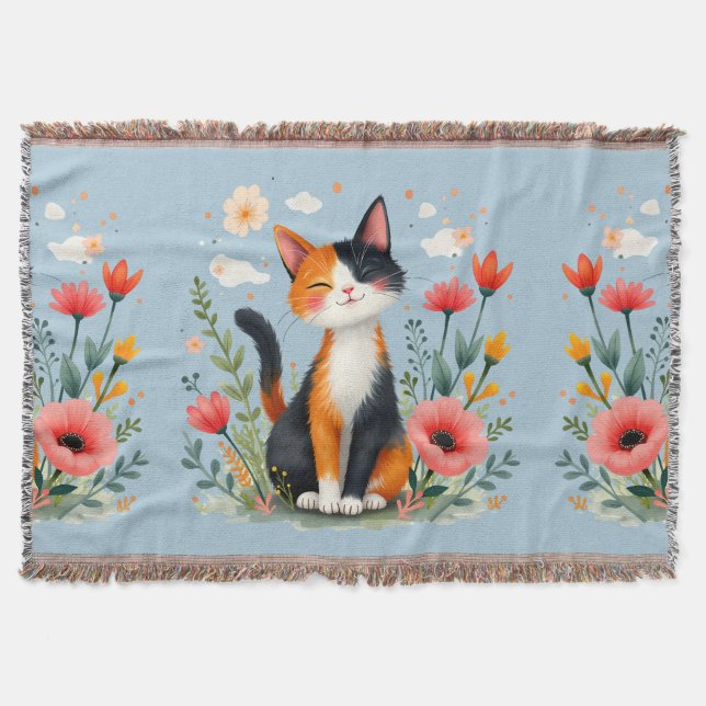 Smiling Calico Cat in Blooming Garden Throw Blanket (Front)