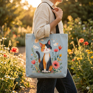 Smiling Calico Cat in Blooming Garden Tote Bag