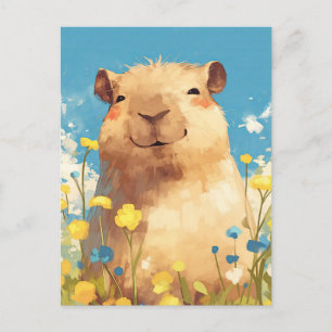 Smiling Capybara in Sunny Yellow Wildflower Garden Postcard