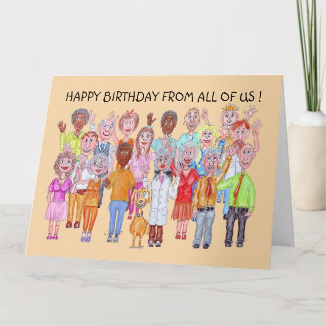 Smiling caricature people wishing happy birthday card (Front)