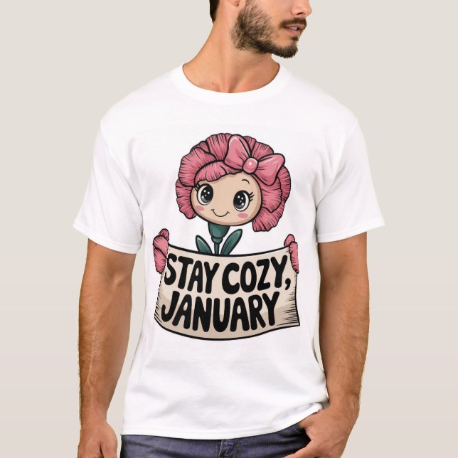 Smiling Carnation Holding a Heart Illustration T-Shirt (Front)