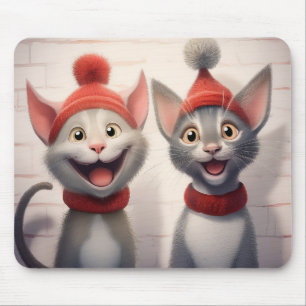 Smiling Cartoon Cats With Red Hats And Collars Mouse Mat