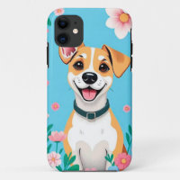 Smiling Cartoon Dog Surrounded by Flowers