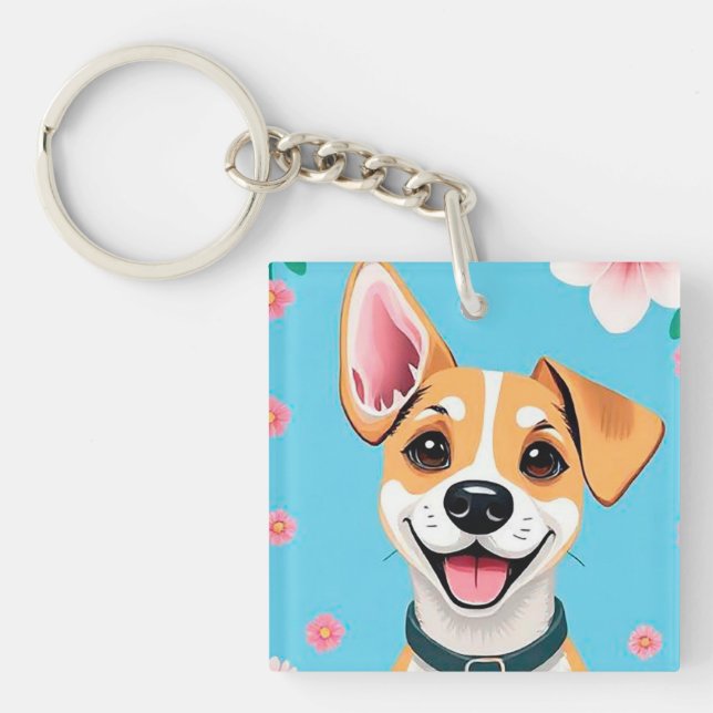 Smiling Cartoon Dog Surrounded by Flowers Key Ring (Front)