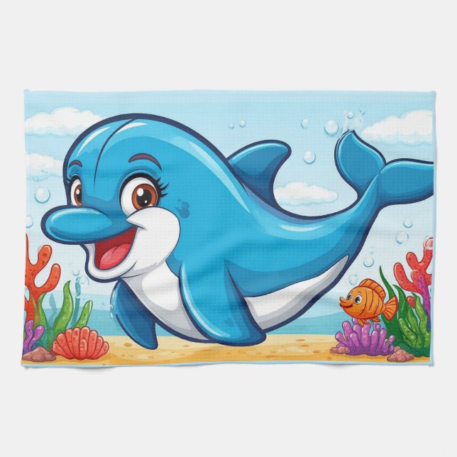 Smiling Cartoon Dolphin Swimming  Tea Towel (Horizontal)