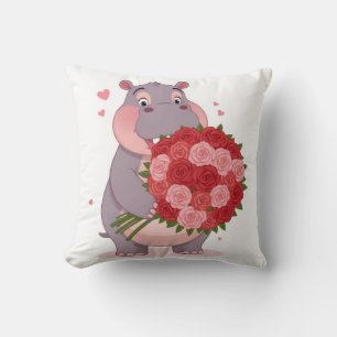 Smiling cartoon hippo holding a huge bouquet  cushion