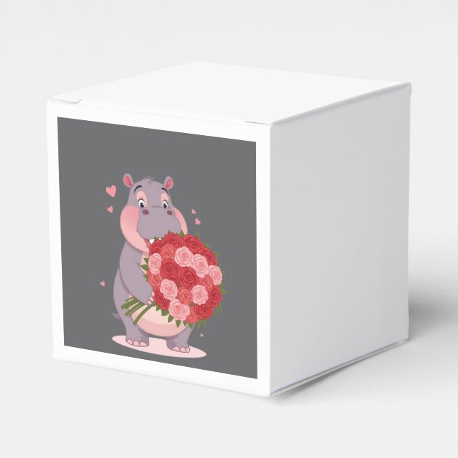 Smiling cartoon hippo holding a huge bouquet favour box (Front Side)
