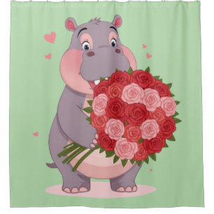 Smiling cartoon hippo holding a huge bouquet  shower curtain