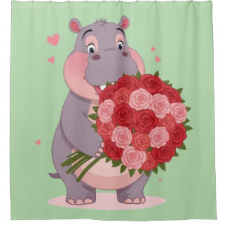 Smiling cartoon hippo holding a huge bouquet shower curtain