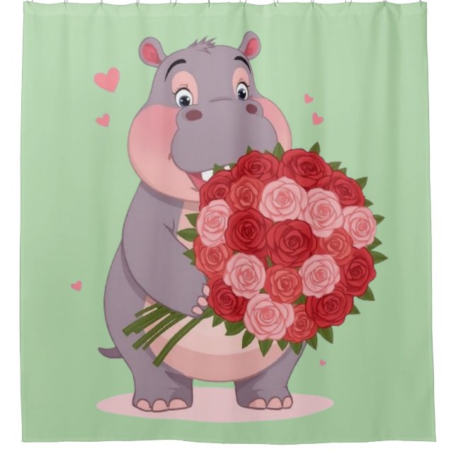 Smiling cartoon hippo holding a huge bouquet  shower curtain (Front)