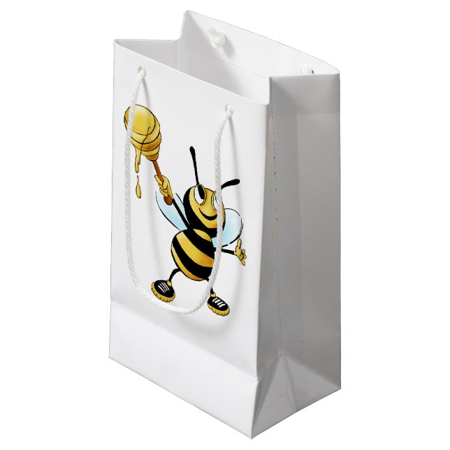 Smiling Cartoon Honey Bee Holding up Dipper Small Gift Bag (Front Angled)