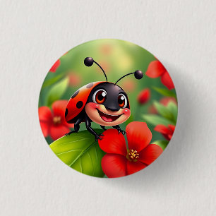 Smiling Cartoon Ladybug Sitting on Flower 3 Cm Round Badge