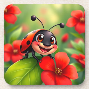 Smiling Cartoon Ladybug Sitting on Flower Coaster
