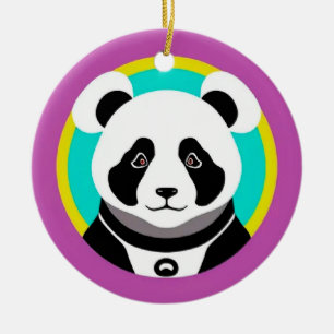 Smiling Cartoon Panda Bear in a Circle Ceramic Tree Decoration