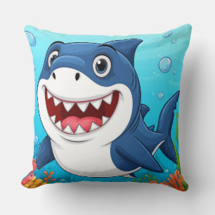Smiling Cartoon Shark Swimming Underwater Cushion