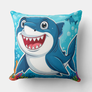 Smiling Cartoon Shark Swimming Underwater Cushion
