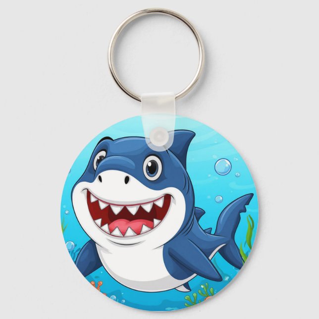 Smiling Cartoon Shark Swimming Underwater Key Ring (Front)