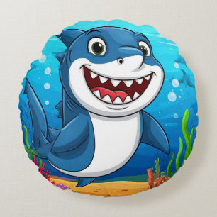 Smiling Cartoon Shark Swimming Underwater Round Cushion