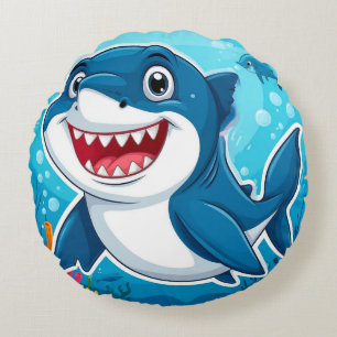 Smiling Cartoon Shark Swimming Underwater Round Cushion
