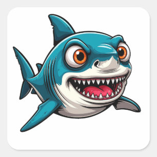 Smiling Cartoon Shark Swimming Underwater Square Sticker