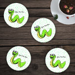 Smiling Cartoon Snake Neon Green on Dots Coaster Set<br><div class="desc">This set of four acrylic coasters have a fun smiling snake done in cartoon style who is neon green and yellow with big eyes on a white background with vibrant green polka dots.  Customise your text with the template.</div>