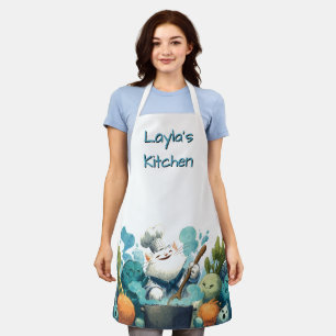 Smiling Cat Chef Cooking with Animated Vegetables Apron