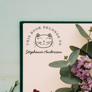 Smiling Cat   Custom This Book Belongs To Name Rubber Stamp