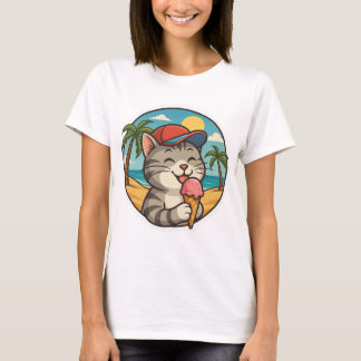 Smiling Cat Eating Ice Cream – Cute Summer Sticker T-Shirt
