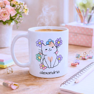 Smiling Cat with Flowers Monogram  Coffee Mug
