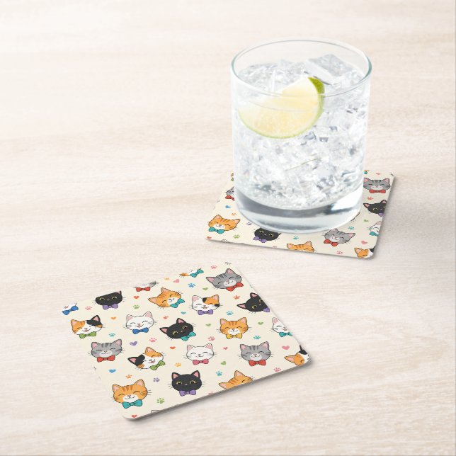 Smiling cats in bow ties square paper coaster (Insitu)
