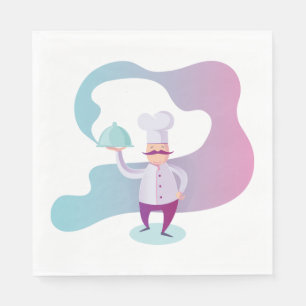 Smiling Chef with Moustache and Serving Tray  Napkin