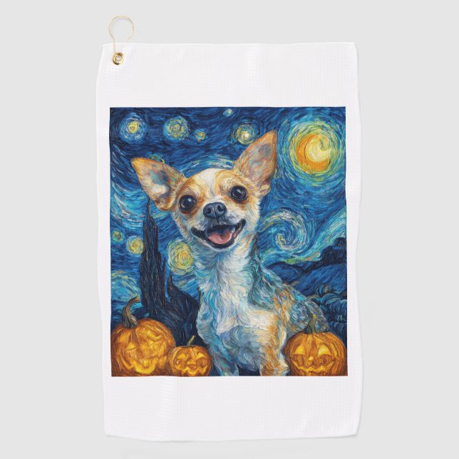 smiling chihuahua dog starry night by Van Gogh fin Golf Towel (Front)