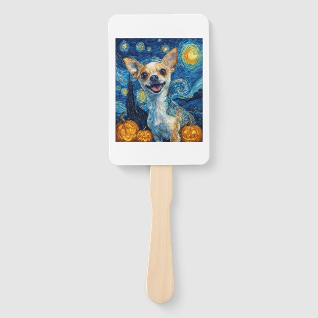 smiling chihuahua dog starry night by Van Gogh fin Hand Fan (Front)