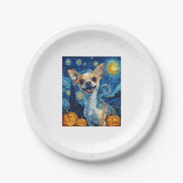smiling chihuahua dog starry night by Van Gogh fin Paper Plate (Front)