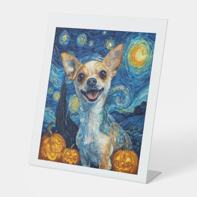 smiling chihuahua dog starry night by Van Gogh fin Pedestal Sign (Front)