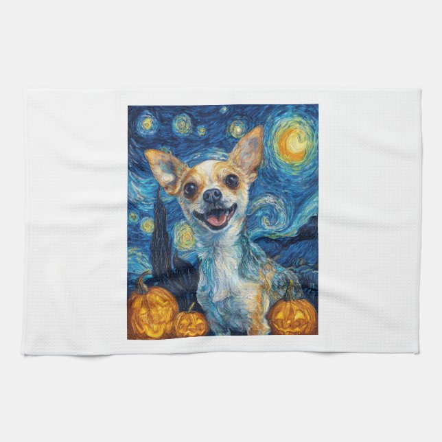 smiling chihuahua dog starry night by Van Gogh fin Tea Towel (Horizontal)