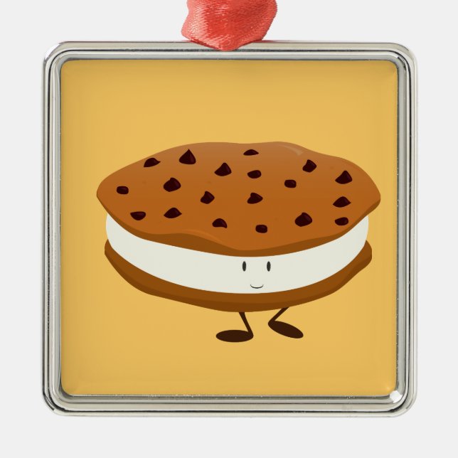 Smiling chocolate chip cookie sandwich metal tree decoration (Front)