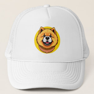 Smiling Chow Chow Dog Face and Golden Chain Trucker Hat