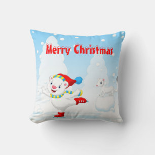Smiling Christmas Polar Bear Doing Ice Skating Cushion